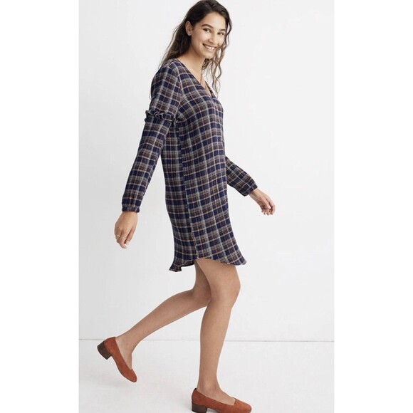 Madewell Plaid Ruffle Sleeve Button Down Shirtdress Size Small Preppy Cottage - Picture 2 of 9